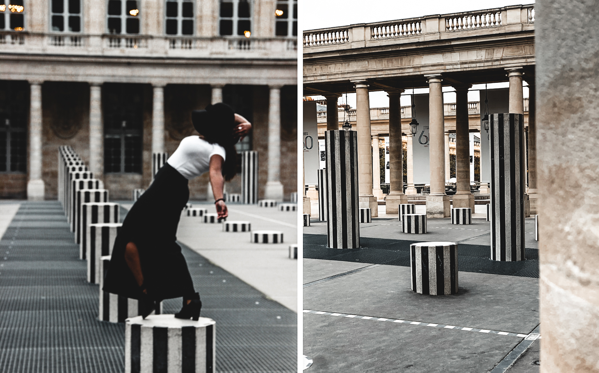 Girl dancing at Colonnes de Buren. Travel girl, visiting Paris, famous place to be, Palais royal, colonnes de Buren